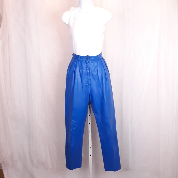 VINTAGE Vakko High-Rise Leather Pant S 4-6 Bright Blue - Picture 2 of 11